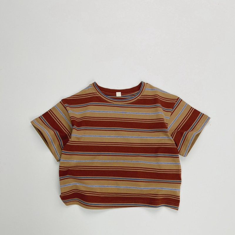 カラフルストライプ純綿半袖Tシャツ