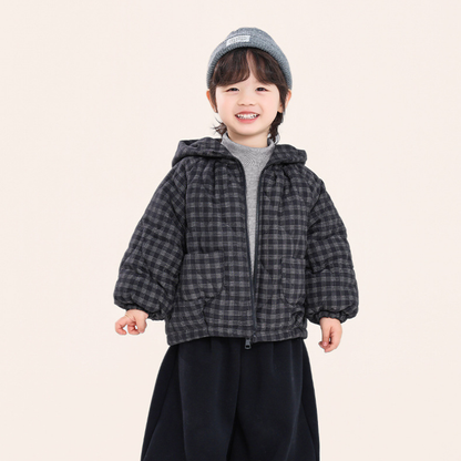 チェック柄中棉フード付きコート