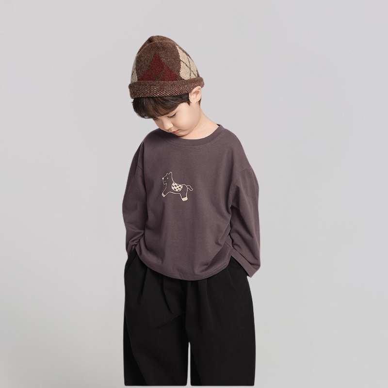 馬プリント純綿ロングTシャツ