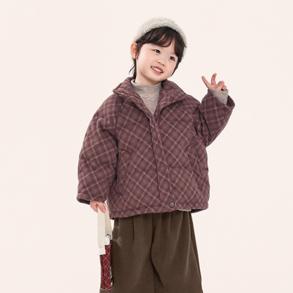 赤チェック中綿コート