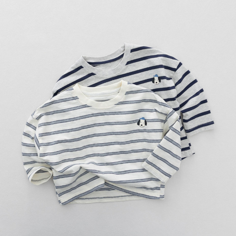 子犬ワンポイントボーダー純綿長袖Tシャツ