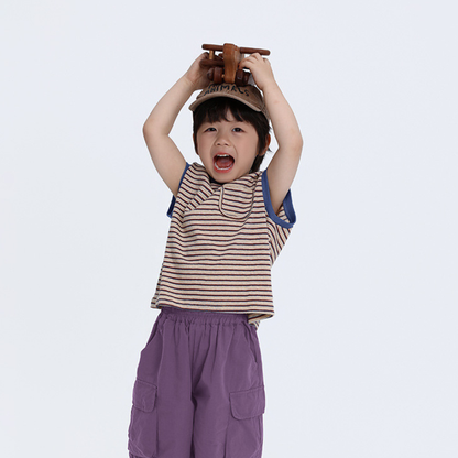 多色ボーダードロップショルダー半袖Tシャツ