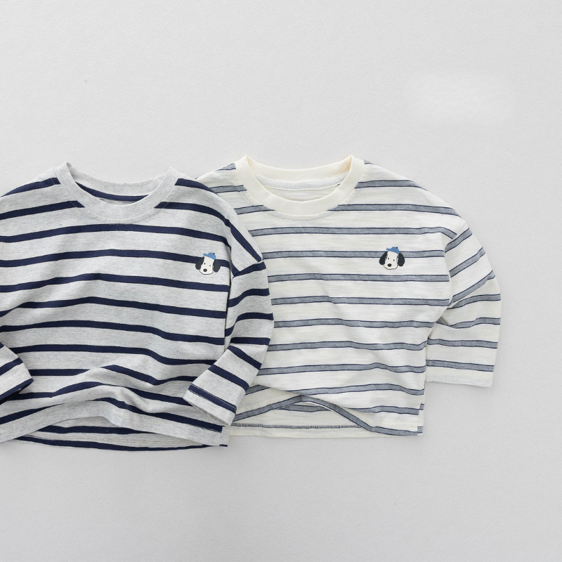 子犬ワンポイントボーダー純綿長袖Tシャツ