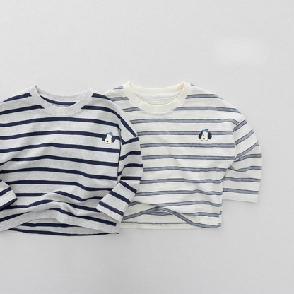 子犬ワンポイントボーダー純綿長袖Tシャツ