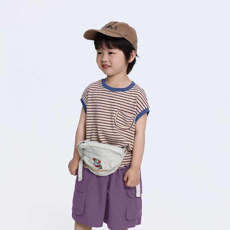 多色ボーダードロップショルダー半袖Tシャツ