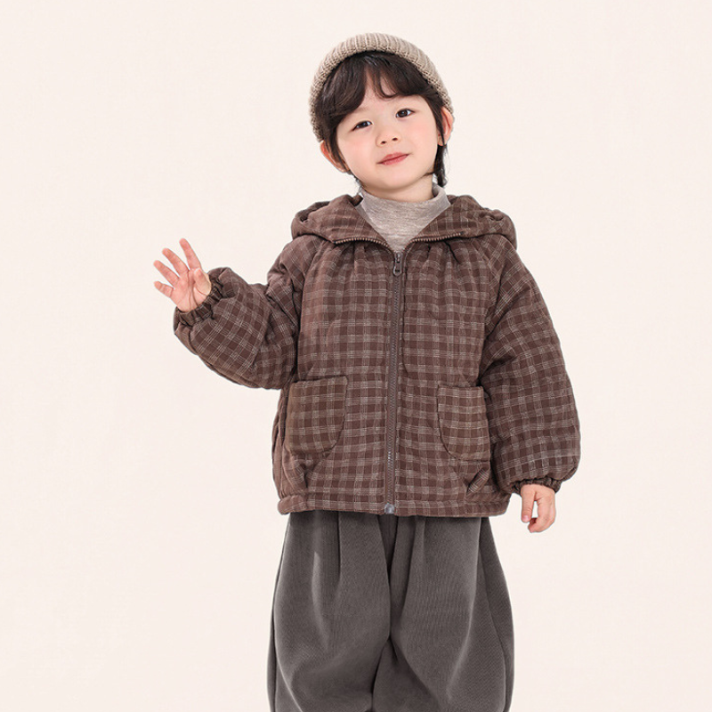 チェック柄中棉フード付きコート