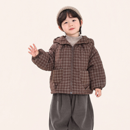 チェック柄中棉フード付きコート