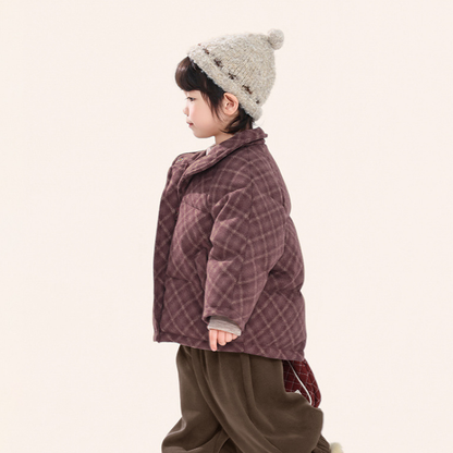 赤チェック中綿コート