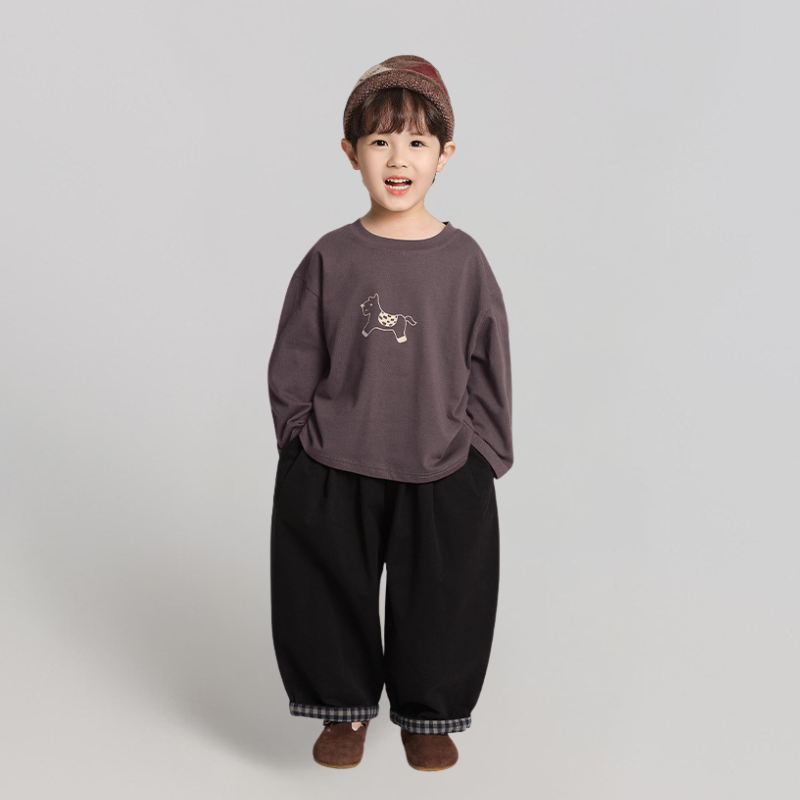 裾チェック柄ロングパンツ純綿