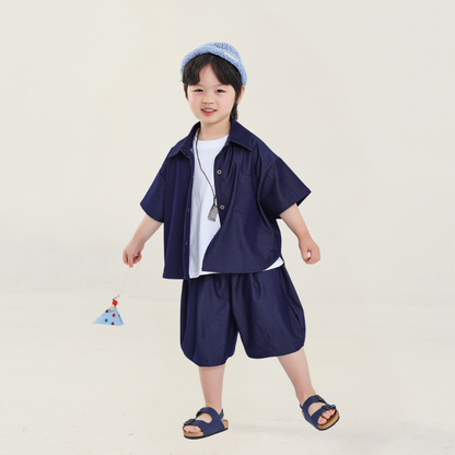 デニム風半袖シャツ＆ショートパンツ2点セット