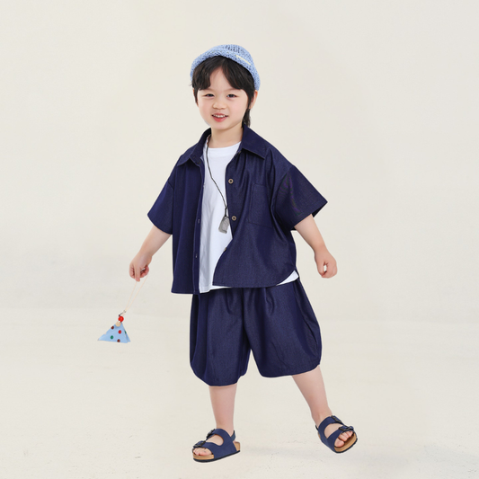 デニム風半袖シャツ＆ショートパンツ2点セット