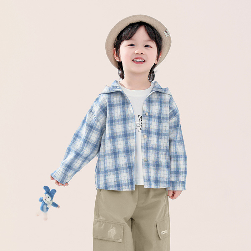 綿100%フード付きチェックシャツ