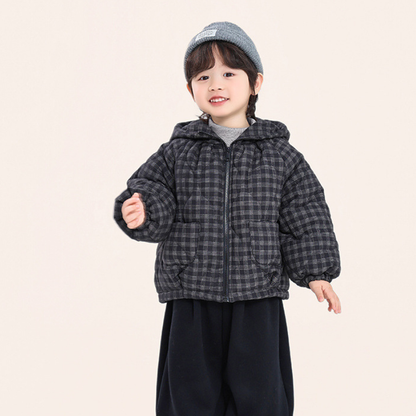 チェック柄中棉フード付きコート