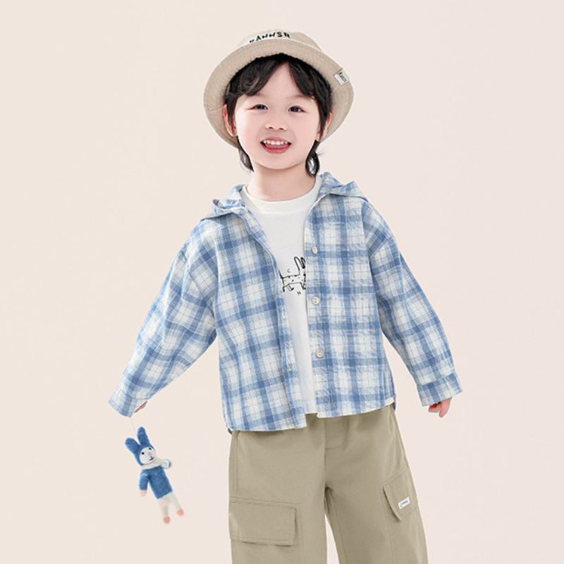 綿100%フード付きチェックシャツ