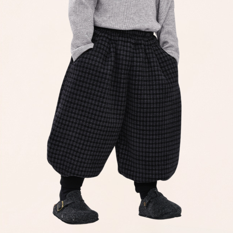 チェック柄裾リブ裏ボアパンツ