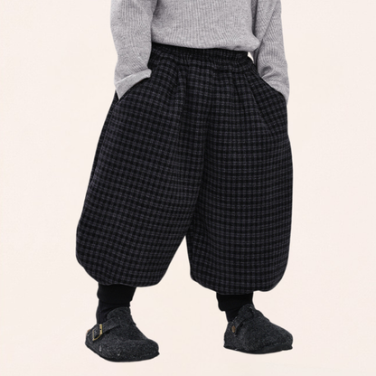 チェック柄裾リブ裏ボアパンツ