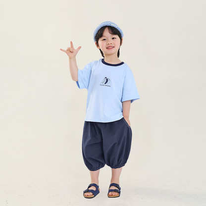 異素材ストライプ切替バルーン七分パンツ