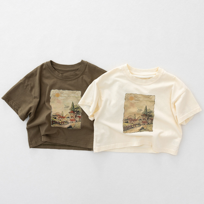 レトロプリント純綿半袖Tシャツ