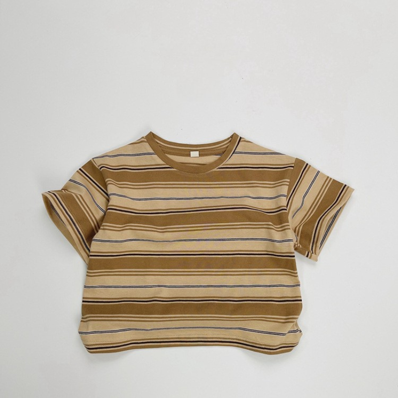カラフルストライプ純綿半袖Tシャツ
