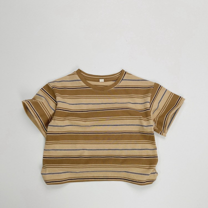 カラフルストライプ純綿半袖Tシャツ