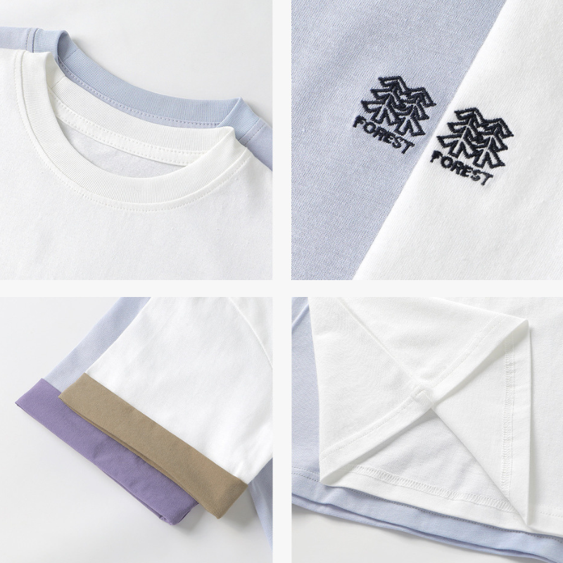 ミニマル森刺繍純棉半袖Tシャツ