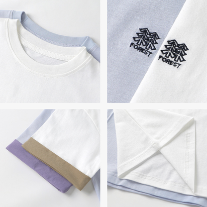 ミニマル森刺繍純棉半袖Tシャツ