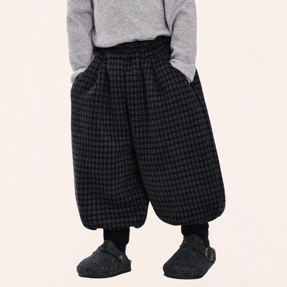 チェック柄裾リブ裏ボアパンツ
