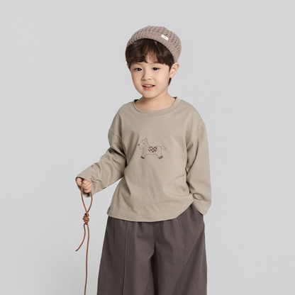 馬プリント純綿ロングTシャツ