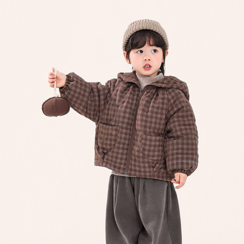 チェック柄中棉フード付きコート