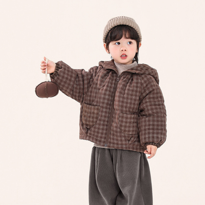 チェック柄中棉フード付きコート