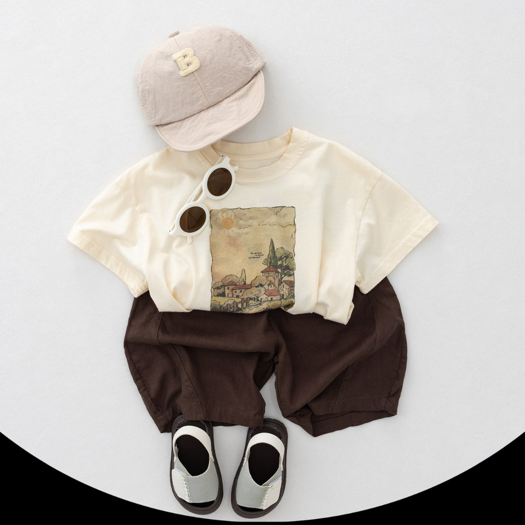 レトロプリント純綿半袖Tシャツ