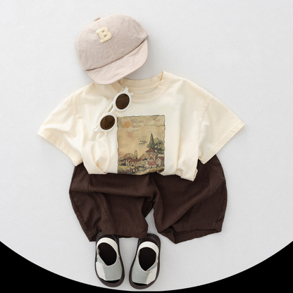 レトロプリント純綿半袖Tシャツ